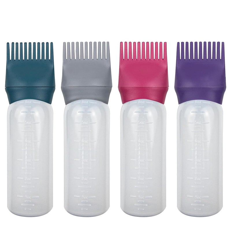 ELANE 4 Pack Root Comb Applicator Bottle,Oil Comb Applicator for Hair Dye,Salons (Purple+Grey+Red+Green) - Image 1